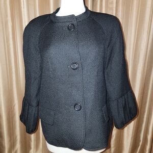 Talbots Black Wool Blend Ruffled Sleeve Blazer Size 14 Petite
